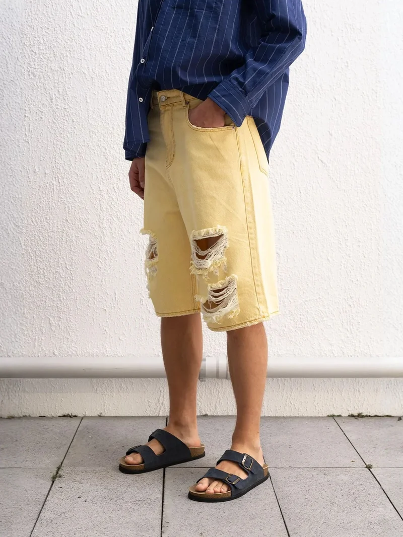 Giesto Amber Yellow GIESTO Destroyed Denim Shorts for Men | Best Price UAE